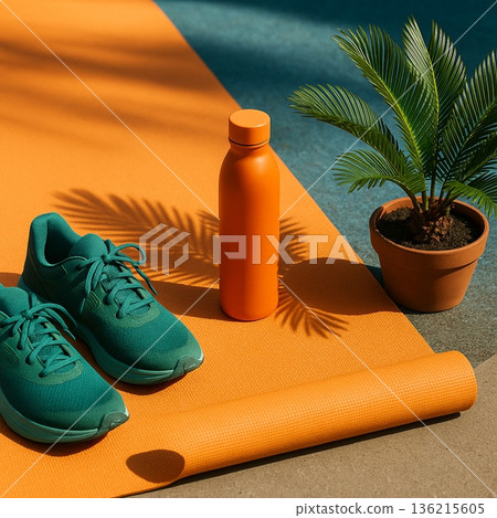 Yoga Mat With Orange Sneakers And Bottle 021125 136215605
