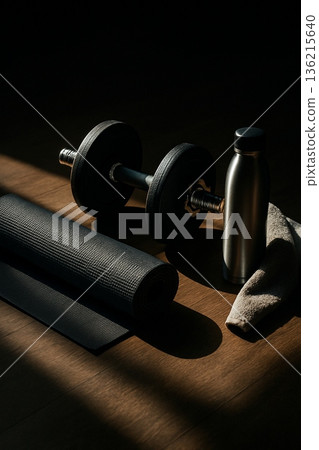 Black Dumbbells On Dark Fitness Mat 021125 136215640