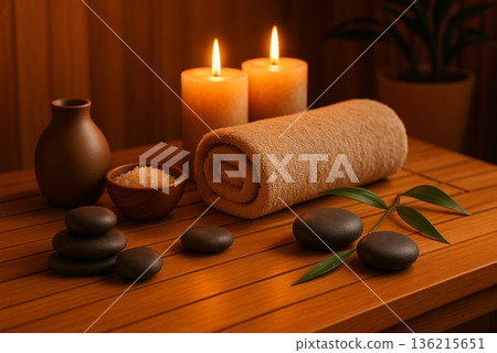 Candlelit Wellness Scene With Towels And Rocks 021125 136215651