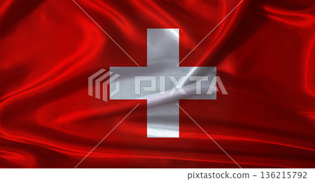 National flag of Switzerland with cloth texture. Switzerland flag with realistic texture background National flag of Switzerland with cloth texture. Switzerland flag with realistic texture background 136215792