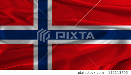 Flag of Norway with fabric textured background. Close up of National flag of Norway with realistic texture Flag of Norway with fabric textured background. Close up of National flag of Norway with realistic texture 136215793