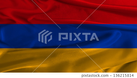 Flag of Armenia with fabric textured background. Close up of National flag of Armenia with realistic texture Flag of Armenia with fabric textured background. Close up of National flag of Armenia with realistic texture 136215814