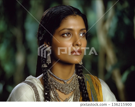 Regal indian woman jewelry portrait, traditional costume, braided hair, forest background mood 136215900