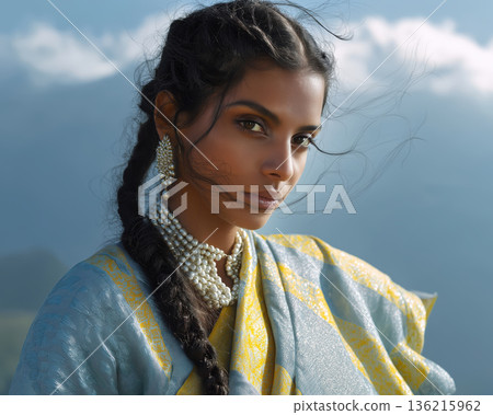 Indian woman portrait, braided hair beauty, traditional sari, pearl jewelry, mountain sky background 136215962