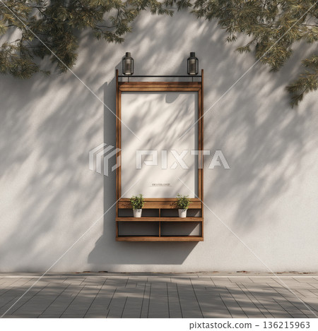 Wooden frame mockup outdoor, poster frame, wall mounted shelf, plant pot, sunlight shadow, modern minimal design calm 136215963