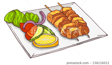 Barbecue plate color sketch. Grill picnic dish Barbecue plate color sketch. Grill picnic dish 136216012
