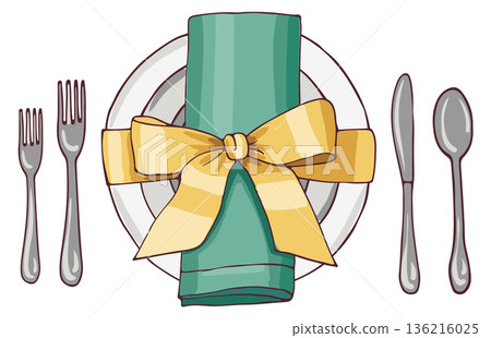 Luxury served plate color drawing. Banquet table dish Luxury served plate color drawing. Banquet table dish 136216025