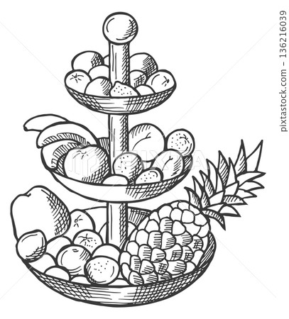 Fruit platter sketch. Served fresh food drawing Fruit platter sketch. Served fresh food drawing 136216039