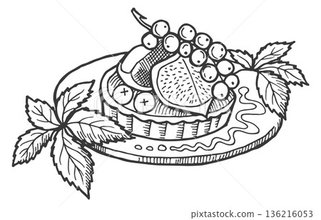Berry tart on plate engraving. Tasty bakery drawing 136216053