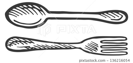 Spoon and fork doodle. Cutlery hand drawn icon Spoon and fork doodle. Cutlery hand drawn icon 136216054