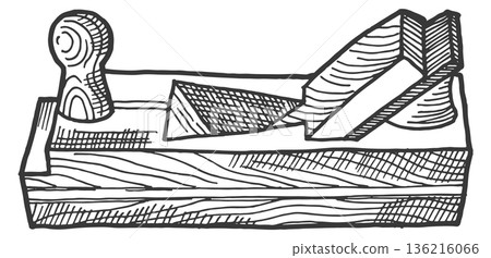 Woodwork tool drawing. Craft plane. Carpenter equipment Woodwork tool drawing. Craft plane. Carpenter equipment 136216066