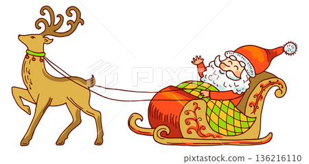 Santa ride reindeers sled. Hand drawn christmas mascot Santa ride reindeers sled. Hand drawn christmas mascot 136216110