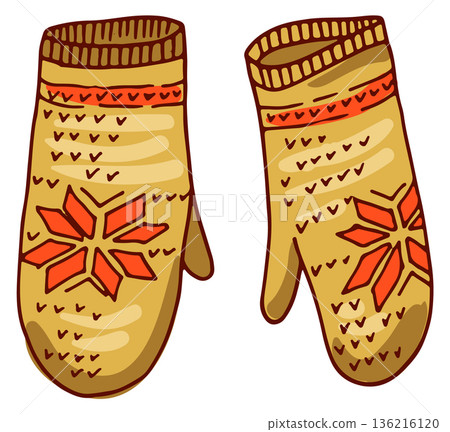 Winter mittens drawing. Hand drawn knitted gloves Winter mittens drawing. Hand drawn knitted gloves 136216120
