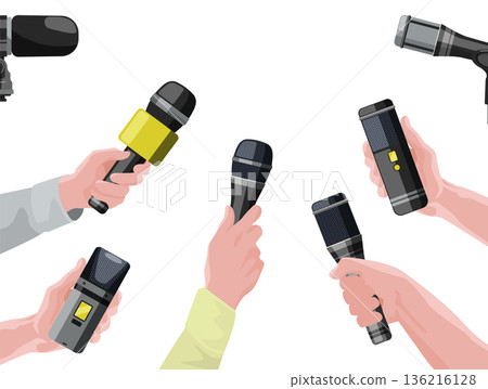 Hands with microphones. Reporters and journalist ask questions. Public press Hands with microphones. Reporters and journalist ask questions. Public press 136216128