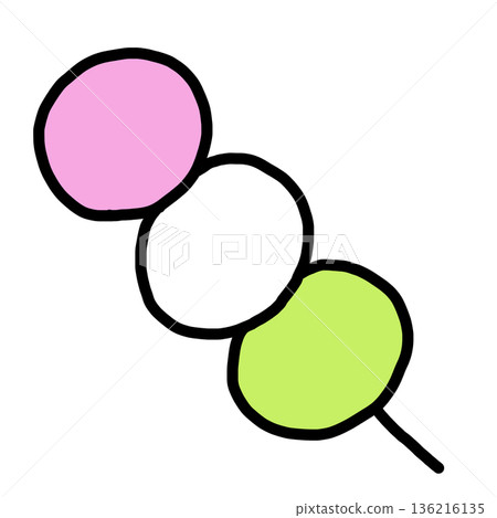 手繪變形三色團子插圖（粉紅色、白色、黃綠色）可愛的日式甜點 136216135