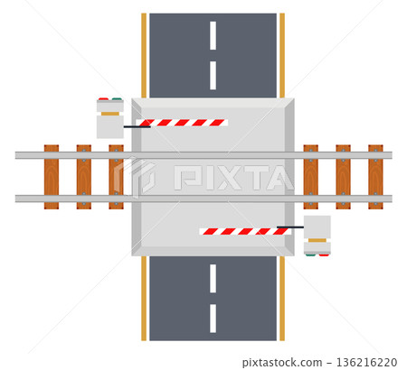 Railway crossing road top view. Street path Railway crossing road top view. Street path 136216220