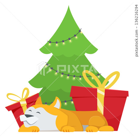 Dog sleep under christmas tree. Happy holiday mascot Dog sleep under christmas tree. Happy holiday mascot 136216294