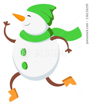 Running snowman. Winter holiday sale cartoon mascot Running snowman. Winter holiday sale cartoon mascot 136216295