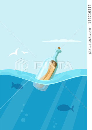 Marine adventure banner. Cartoon bottle in ocean waves Marine adventure banner. Cartoon bottle in ocean waves 136216315