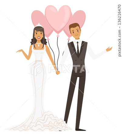 Bride and groom with love balloons. Loving couple characters 136216470
