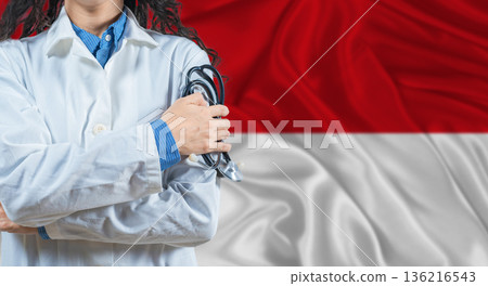 Healthcare professional with Monaco flag background. Professional doctor holding stethoscope on Monaco flag background Healthcare professional with Monaco flag background. Professional doctor holding stethoscope on Monaco flag background 136216543