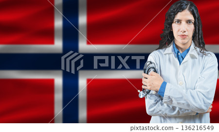 Norwegian national health system, Medical professional on Norway flag background Norwegian national health system, Medical professional on Norway flag background 136216549
