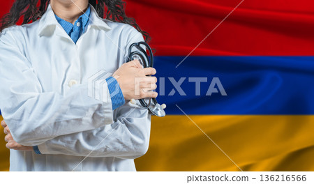 Healthcare professional with Armenia flag background. Professional doctor holding stethoscope on Armenia flag background 136216566