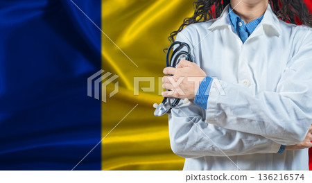 Healthcare professional with Romania flag background. Professional doctor holding stethoscope on Romania flag background Healthcare professional with Romania flag background. Professional doctor holding stethoscope on Romania flag background 136216574