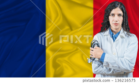 Romanian national health system, Medical professional on Romania flag background 136216575