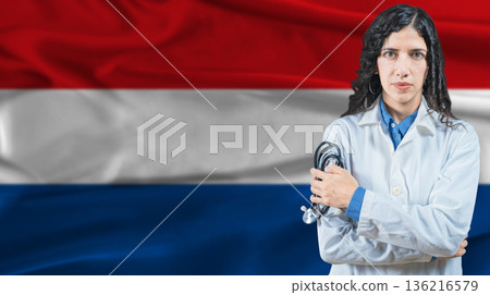 Dutch national health system, Medical professional on Netherlands flag background Dutch national health system, Medical professional on Netherlands flag background 136216579