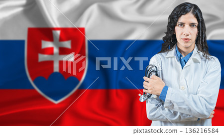 Slovak national health system, Medical professional on Slovakia flag background Slovak national health system, Medical professional on Slovakia flag background 136216584