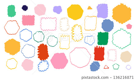 Set of colorful wavy sticker shapes. Bright blobs with hand-drawn edges for playful labels, collage accents decorative 136216871