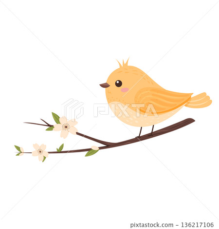 Cute yellow bird perched on blooming branch. 136217106