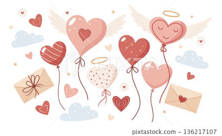 Soft dreamy heart elements set. Heart shaped balloons and love letters with wings and clouds. Soft dreamy heart elements set. Heart shaped balloons and love letters with wings and clouds. 136217107