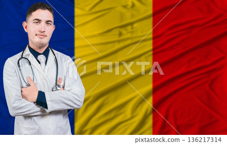 Portrait of medical professional on Romania flag background. Romanian national health system Portrait of medical professional on Romania flag background. Romanian national health system 136217314