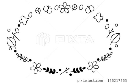 Hand-painted spring oval wreath with plants and birds 136217363