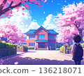 Cherry blossoms, school building, and girls, entrance ceremony, graduation ceremony, blue sky 136218071