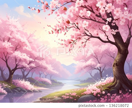 Cherry blossom trees along a calm river 136218072