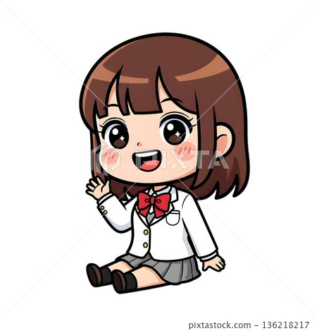 Cute Happy Schoolgirl Waving Friendly Gesture Adorable Cartoon Character 136218217