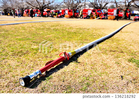 Water hoses placed in preparation for water spraying training at the New Year's Parade Ceremony Water hoses placed in preparation for water spraying training at the New Year's Parade Ceremony 136218292
