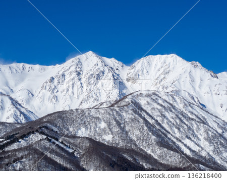 Snowy landscapes and mountain scenery of the Northern Alps shining under a clear blue sky Snowy landscapes and mountain scenery of the Northern Alps shining under a clear blue sky 136218400