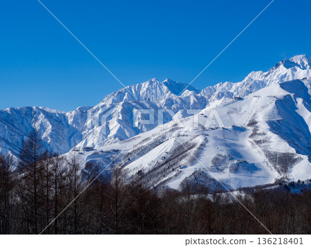 Snowy landscapes and mountain scenery of the Northern Alps shining under a clear blue sky Snowy landscapes and mountain scenery of the Northern Alps shining under a clear blue sky 136218401