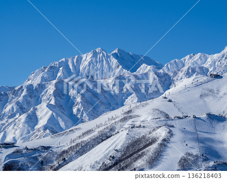 Snowy landscapes and mountain scenery of the Northern Alps shining under a clear blue sky Snowy landscapes and mountain scenery of the Northern Alps shining under a clear blue sky 136218403