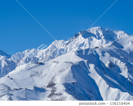 Snowy landscapes and mountain scenery of the Northern Alps shining under a clear blue sky Snowy landscapes and mountain scenery of the Northern Alps shining under a clear blue sky 136218404