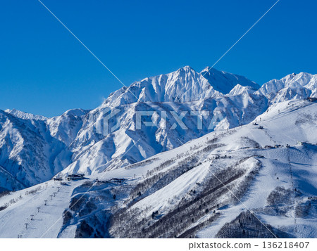 Snowy landscapes and mountain scenery of the Northern Alps shining under a clear blue sky Snowy landscapes and mountain scenery of the Northern Alps shining under a clear blue sky 136218407