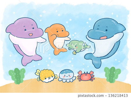 Watercolor illustration of a dolphin family and their sea friends 136218413