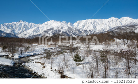 Snowy landscapes and mountain scenery of the Northern Alps shining under a clear blue sky Snowy landscapes and mountain scenery of the Northern Alps shining under a clear blue sky 136218529