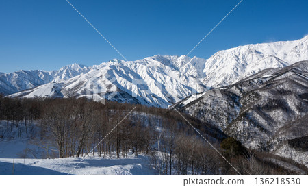 Snowy landscapes and mountain scenery of the Northern Alps shining under a clear blue sky Snowy landscapes and mountain scenery of the Northern Alps shining under a clear blue sky 136218530