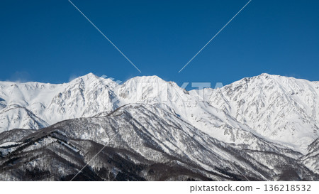 Snowy landscapes and mountain scenery of the Northern Alps shining under a clear blue sky Snowy landscapes and mountain scenery of the Northern Alps shining under a clear blue sky 136218532