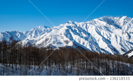 北阿爾卑斯山的雪景和山巒在湛藍的天空下閃閃發光。 136218533